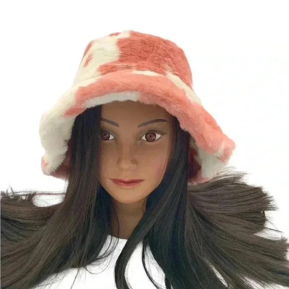 Boutique Minky Soft Pink and White Cow Print Bucket Hat Pumpkin Patch Fall Walks - Picture 2 of 6